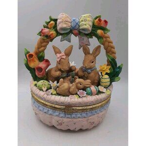 Vintage CWC Rabbits & Easter Eggs Floral Handled Porcelain Basket Trinket